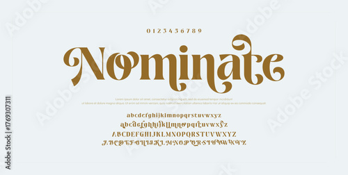 Nominate, Luxury font alphabet logo. Typography Beauty fashion elegant western classic letters serif fonts decorative wedding vintage logos. vector illustration  