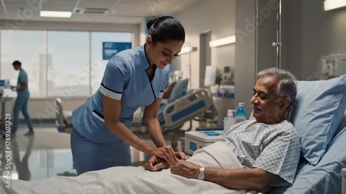 Caring Indian Nurse Comforting and Talking to Patient in Hospital