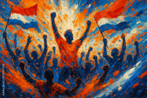 Dutch Fan Celebration with Flags in Digital Splash Art Style