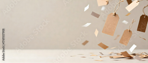 Small Paper Price Tags Falling in Slow Motion Like Confetti Against a Clean Neutral Background for Blogs, Websites, Educational Content, and Awareness Campaigns