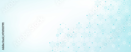 Modern health care or medical background design. Health care innovation concept. Horizontal header web banner. Abstract geometric background with hexagon shapes for medicine, science, chemistry.