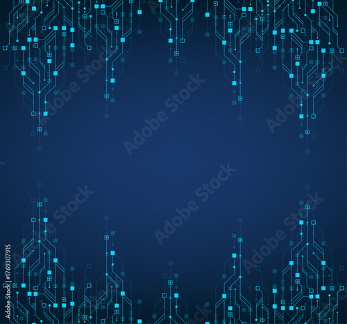 Modern technology circuit board texture background design. Quantum computer technologies concepts, large data processing. Futuristic blue circuit board background. Minimal vector motherboard