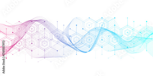 Modern health care or medical background design. Health care innovation concept. Horizontal header web banner. Abstract geometric background with hexagon shapes for medicine, science, chemistry.
