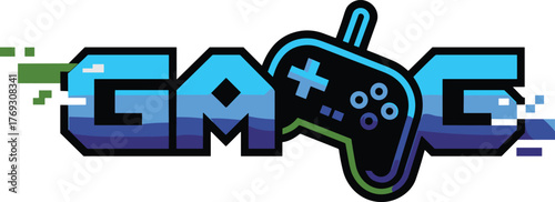 Pixelated game typography, blue gradient text, gaming controller icon, digital design, video game branding