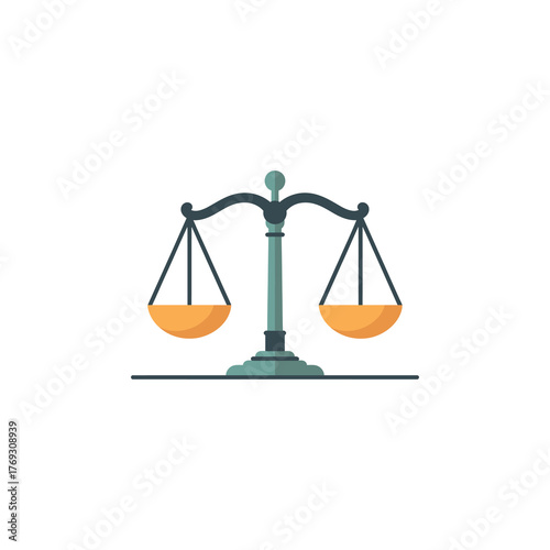 A classic gold and blue balancing scales of justice icon standing on a white background