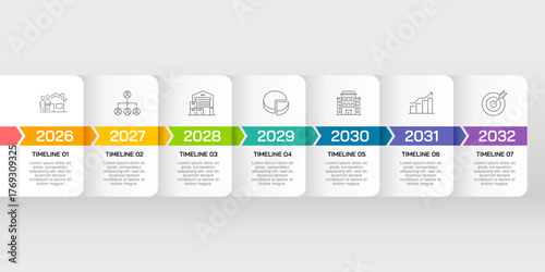 7 Year Business Timeline Infographic Roadmap for Corporate Planning. Presentation, Strategy, Plan and Banner. Vector illustration.