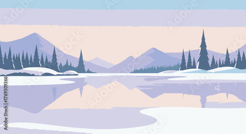 Here's a stock photo description based on your requirements:

Winter Landscape Illustration with Mountains and Frozen Lake