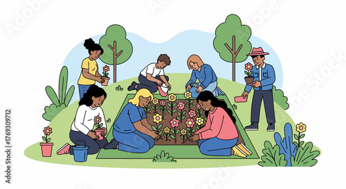 Community Gardeners Cultivating Flowers In Nature's Embrace Illustration