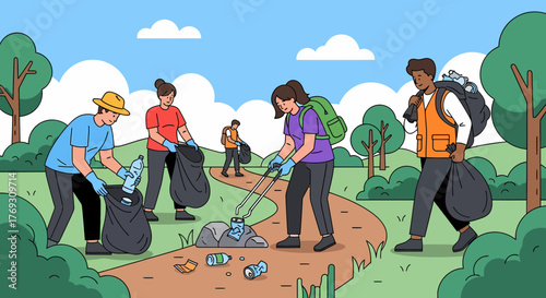 Community Volunteers Cleaning Up Litter From Nature Trail Together