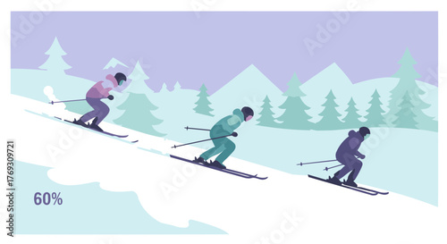 Three Skiers on Snowy Slope with Gradient Landscape