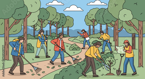 Community Volunteers Participating In Park Clean Up Activity Together