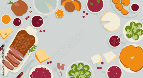 Thanks! Here's a suggestion:

Festive Holiday Dinner Flat Lay with Roasted Duck and Sides on Marble Table