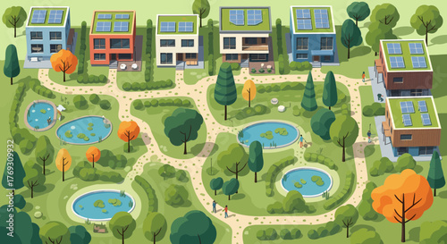 Eco Friendly Community With Solar Panel Houses And Green Spaces