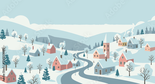 Okay, here's a stock photo description following your requested format:

**Title:** Charming Winter Village Scene with Pastel Houses and Snowy Landscape