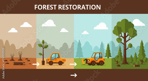 Ecological Renewal Process Depicts Reforestation Steps and Landscaping