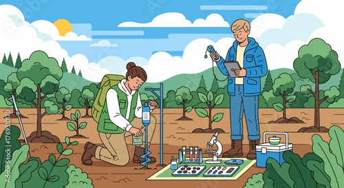 Environmental Scientists Analyzing Soil Composition And Tree Sapling Health