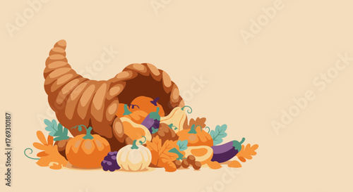 Cornucopia of Autumnal Harvest on Cream Background