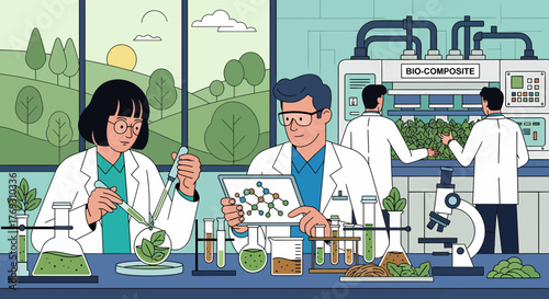 Innovative Bio Composite Research Lab With Scientists And Greenery