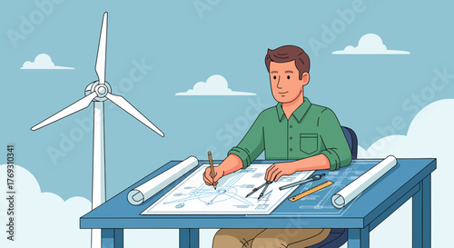 Innovative Engineer Designing Renewable Energy Wind Turbine Blueprint