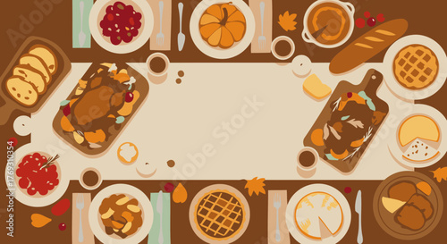 Overhead Illustration of a Festive Thanksgiving or Holiday Dinner Table Setting