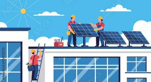 Installing Solar Panels On Commercial Building Roof For Green Energy
