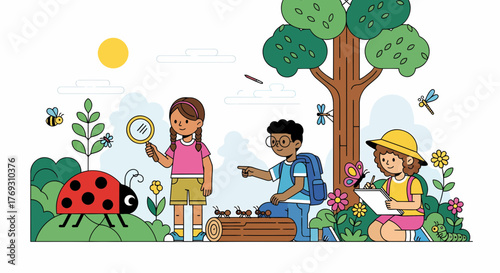 Kids Exploring Nature With Magnifying Glass And Taking Notes