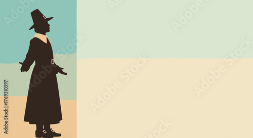 Pilgrim Silhouette with Welcoming Gesture and Copy Space for Thanksgiving or Historical Content