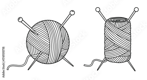 Handicraft illustration of yarn ball and knitted fabric with needles