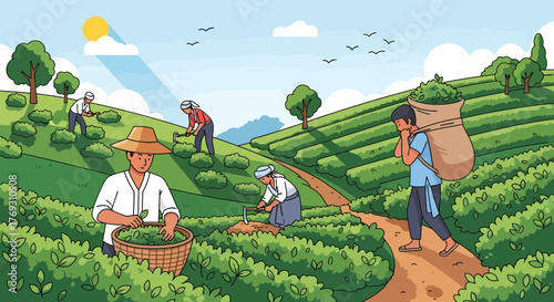 Tea Plantation Workers Harvesting Leaves Under Sunny Sky Illustration