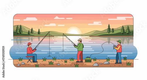 Three Men Fishing By The Lake At Sunrise Illustration