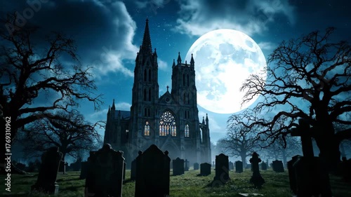 Spooky Full Moon Over Haunted Gothic Church and Graveyard at Night.