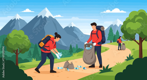 Volunteer Team Cleaning Nature Hiking Trail Garbage Collection
