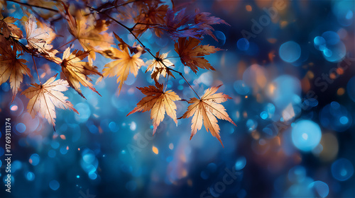 青い玉ボケの背景に映える、秋のカエデの枝。幻想的な紅葉のクローズアップ。 generative ai