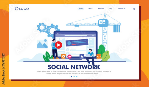 This image depicts an interactive social network design, emphasizing user engagement, connectivity, and the modern communication landscape in a digital realm.