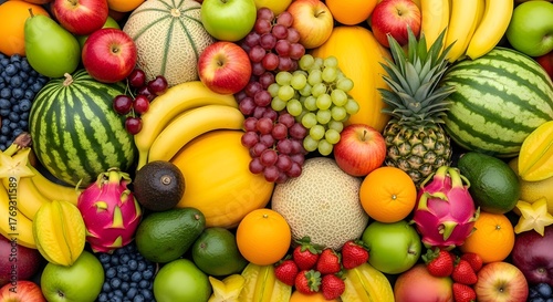 Background photo close up from above a pile of various kinds of fresh fruit covering the image such as melon watermelon apple grapes orange pear pineapple longan cherry banana dragon fruit avocado 