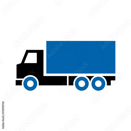 Blue semi truck trailer icon with two axles on white background lorry cargo