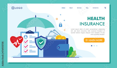 This image illustrates health insurance protection with essential elements such as an umbrella, a wallet, and health symbols, highlighting the concept of financial security and wellness.