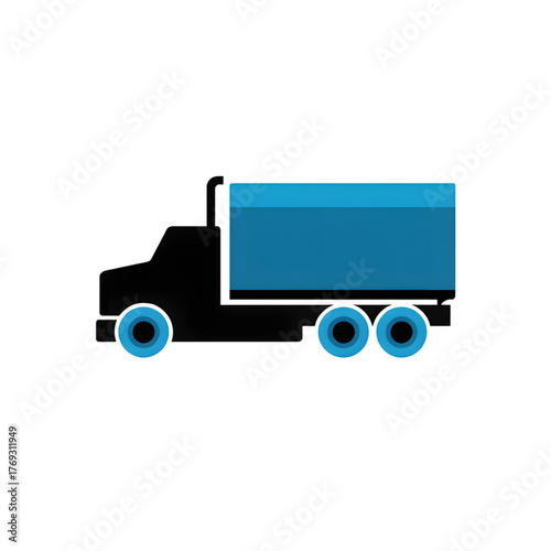 Blue and black truck icon with two wheels on white background graphic lorry