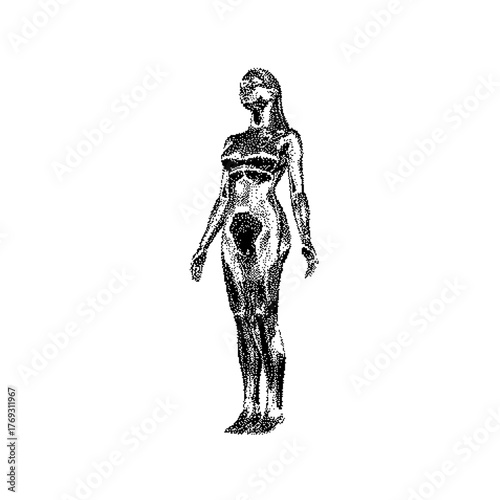 Futuristic humanoid figure rendered with glitch effects in a cyberpunk style