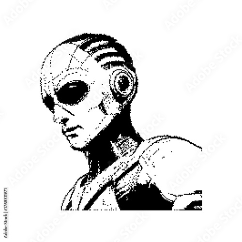 Futuristic monochrome portrait of a stylized humanoid robot with intricate details