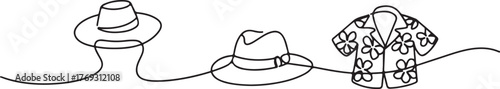Minimalist One Line Clothing Set – Sun Hat, Fedora, and Hawaiian Shirt Continuous Line Illustration