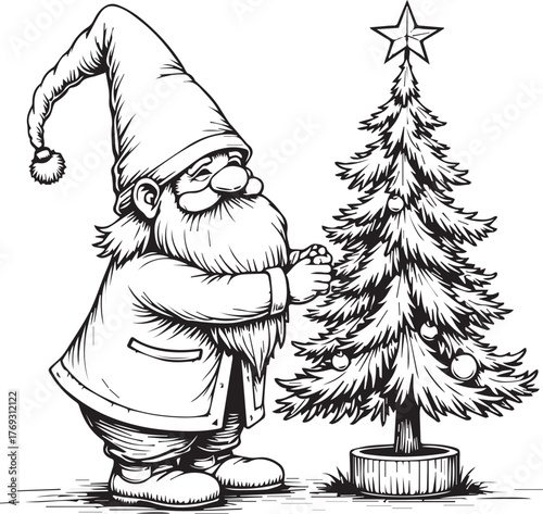 Gnome Decorating Christmas Tree — Charming Holiday Line Art Vector