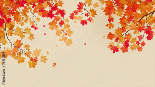 赤とオレンジの紅葉が広がるカエデの枝。ベージュ背景の秋のイラスト。 generative ai
