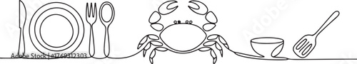 Minimalist One Line Restaurant Scene – Plate, Crab, and Spatula Continuous Line Illustration