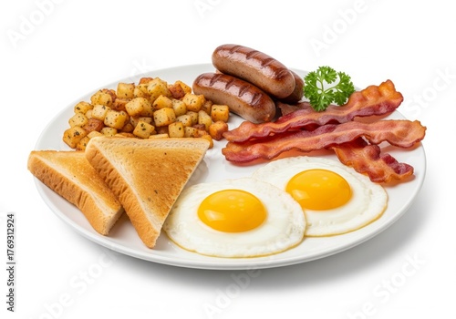 Cooked Breakfast Close-Up — Eggs, Toast Triangles, Hash Browns, Sausages and Bacon