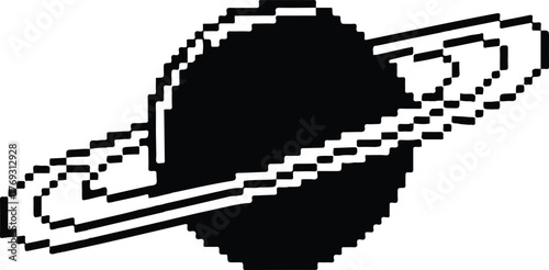 Black and White Pixel Art Saturn – Retro 8-Bit Minimalist Planet Illustration