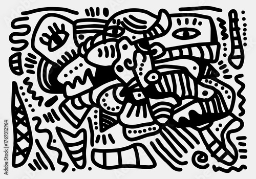abstract, and cubist style illustration featuring overlapping faces and figures
