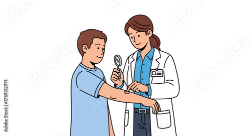 Dermatologist Examining Skin Lesion on Patient's Arm with Magnifying Glass for Diagnosis