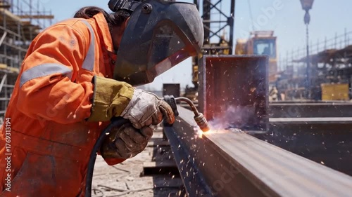 Professional Welder in Safety Gear Welding Steel Framework with Precision in Industrial Workshop
