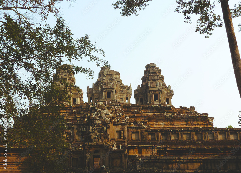 Naklejka premium Bayon Temple, Cambodia. Bayon Temple at Angkor Thom, Angkor, Cambodia. Siem Reap. Ancient Khmer architecture. UNESCO World Heritage Centre
